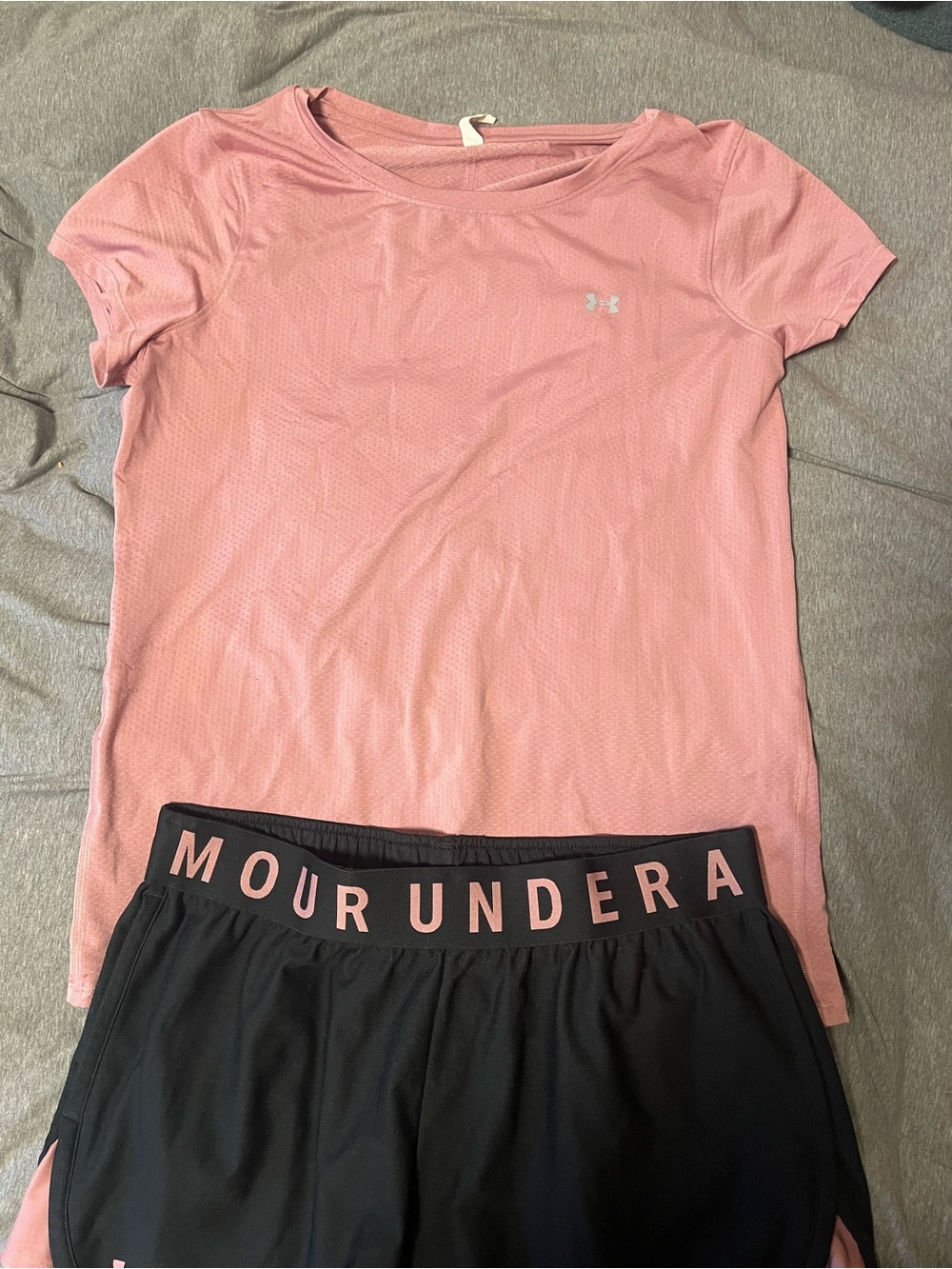 Under Armour Pink Short-Sleeve Performance Tee with Black Athletic Shorts
